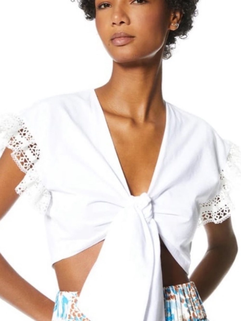 AMUR White Tie-Front Lace Sleeve Crop Top